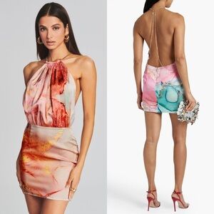 NWT RETROFETE Crystal Straps Watercolor Print Silk Halter Open Back Mini Dress L